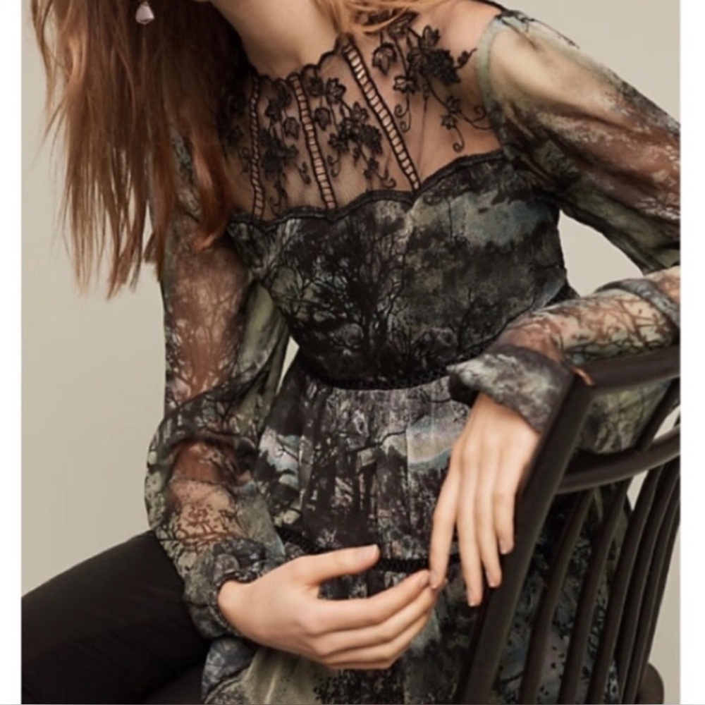 Rare Unique Anthropologie Harlyn Sigrid Green Forrest Nature Scallop Lace Top S